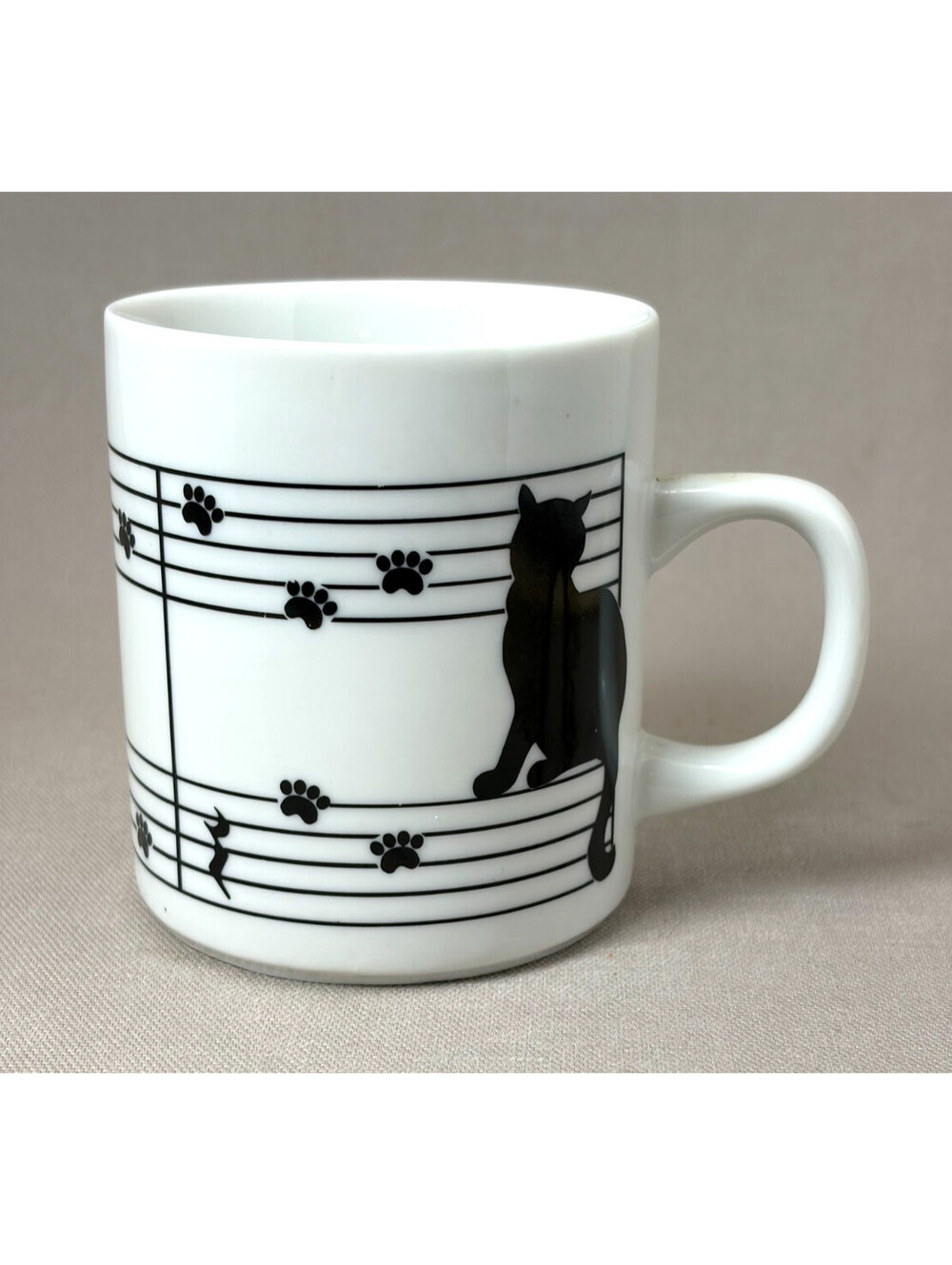 Vintage Black Cat Sheet Music Coffee Mug Treble Clef Paw Prints Ceramic Cup 10oz